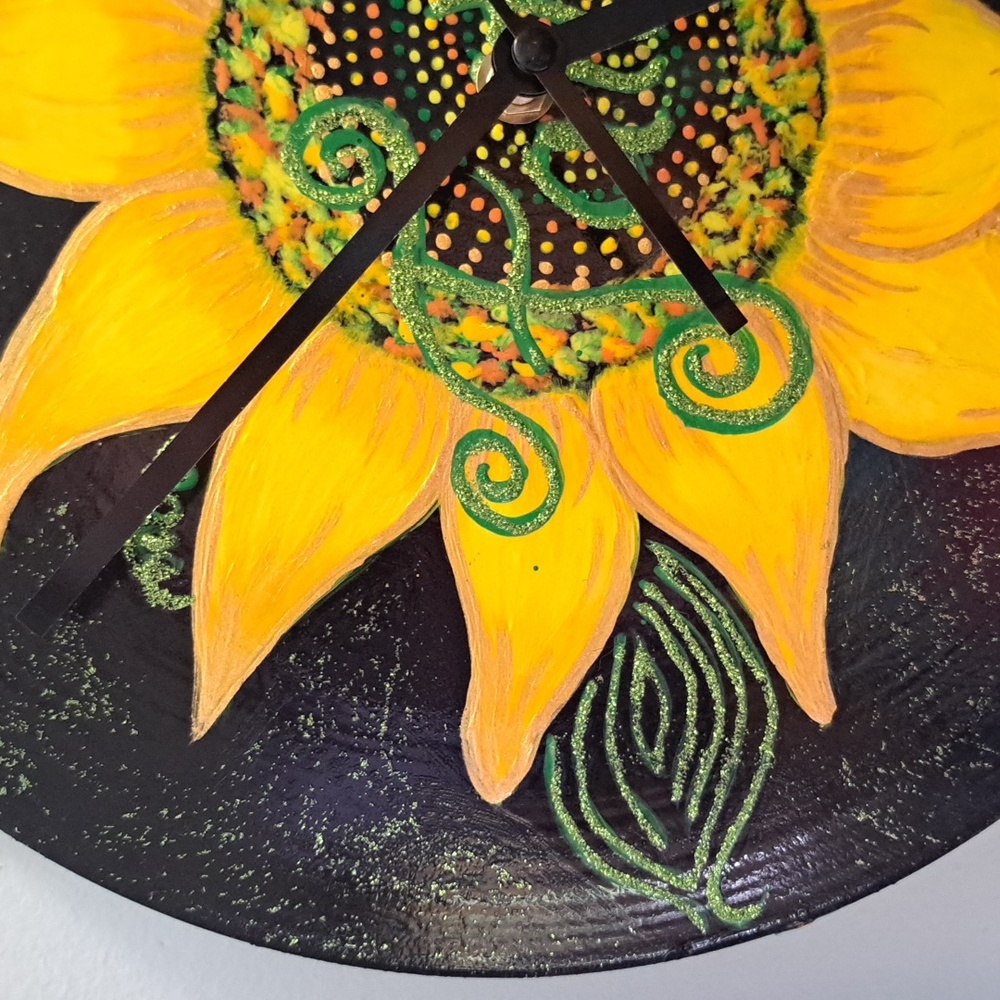 Hand Crafted Painted Sunflower Wall Clock - Black and Yellow Faith Home Decor - Picture 3 of 11